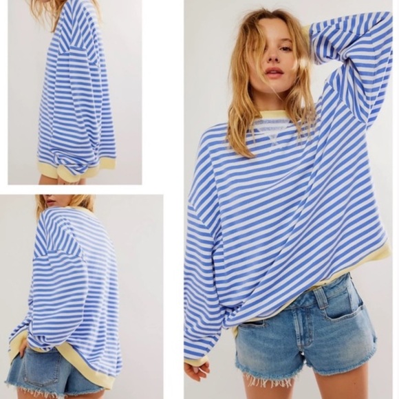 NWT Free People Classic Oversized Stripe Long Sleeve Crewneck - Picture 1 of 9